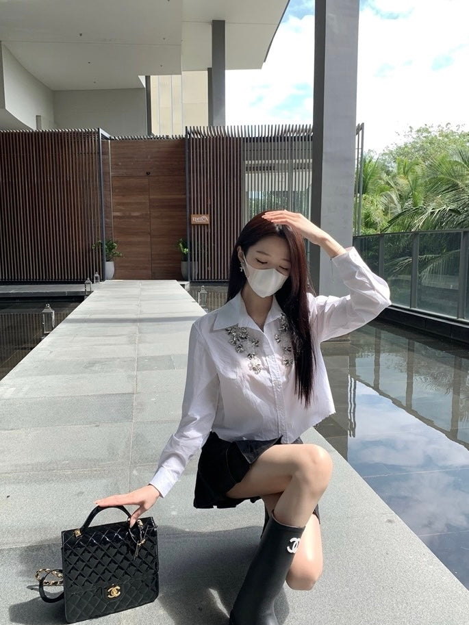 重工白色闪钻衬衫Gemstone White Long Sleeve Shirt