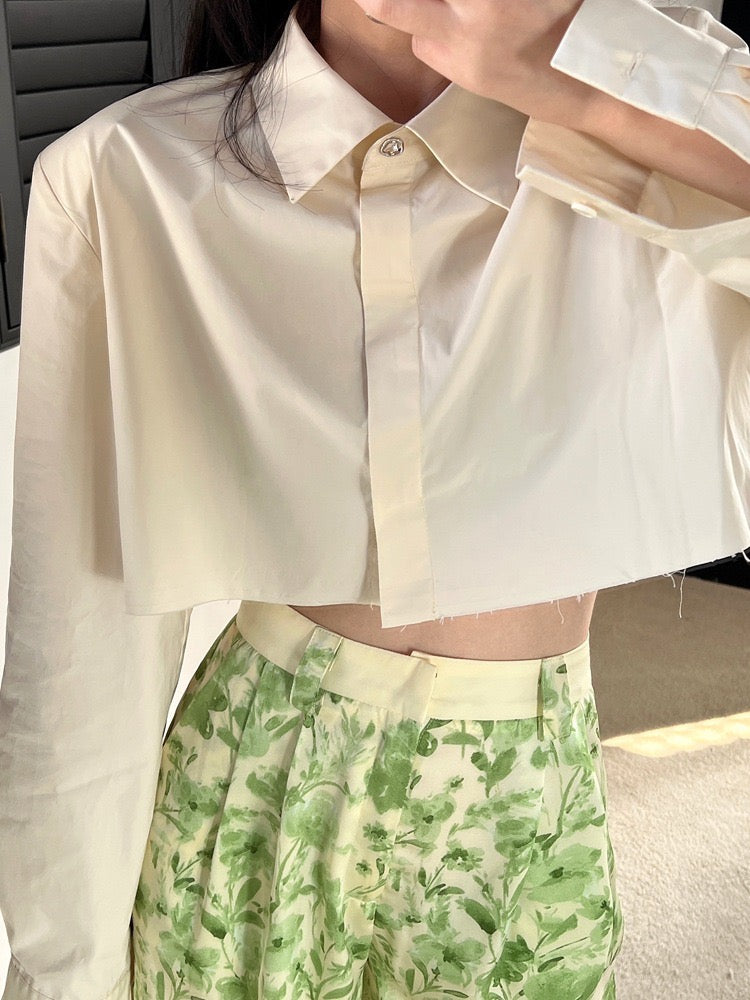 奶油米短款垫肩衬衫Ivory Button Crop Shirt