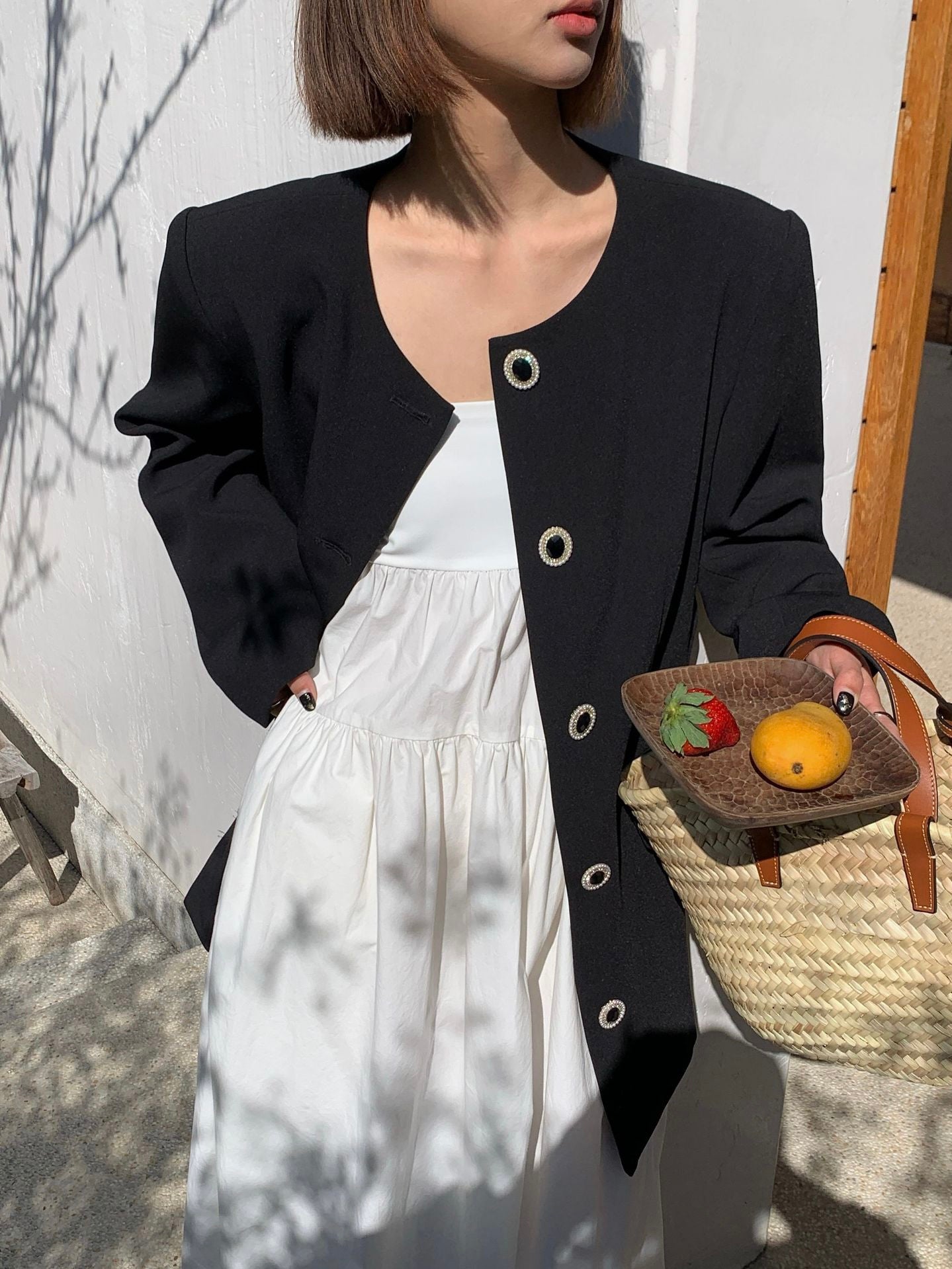 气质小香圆领外套Black Blazer Button Coat