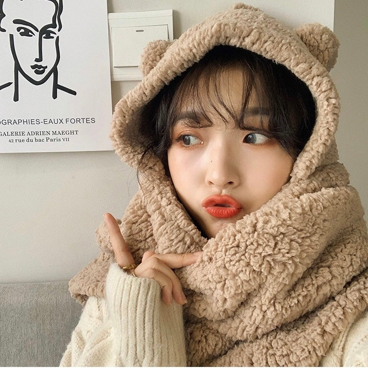 两色小熊围脖帽子Super Soft Bear Hat with Pocket