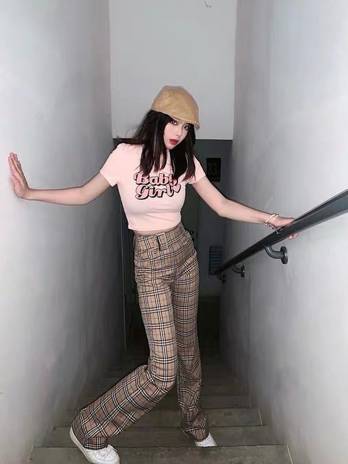 孤品五折清_辣妹格纹高腰微喇裤High-Rise Plaid Trouser