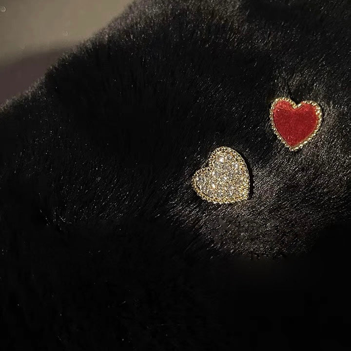 Unmatched Gold Plated Heart Stud Earrings with Diamonds