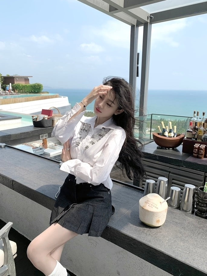 重工白色闪钻衬衫Gemstone White Long Sleeve Shirt