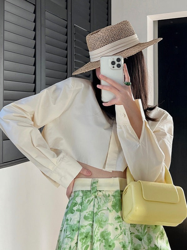 奶油米短款垫肩衬衫Ivory Button Crop Shirt