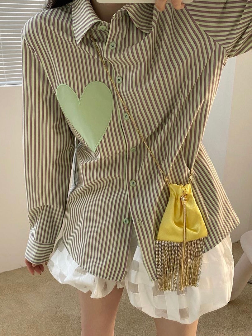 爱心竖条纹拼色衬衫Stripped Heart Embroidery Shirt