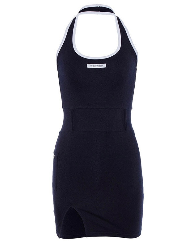 深蓝色挂脖连衣裙Denim Blue Split Dress