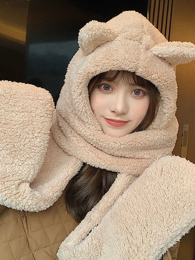 两色小熊围脖帽子Super Soft Bear Hat with Pocket