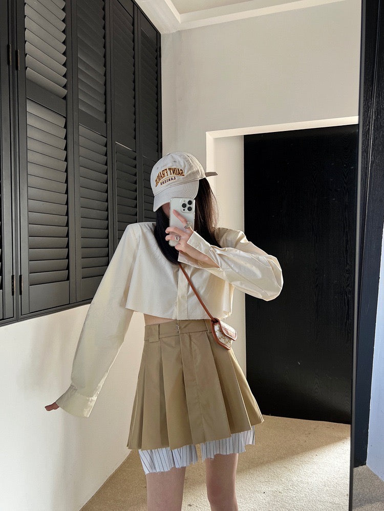 奶油米短款垫肩衬衫Ivory Button Crop Shirt