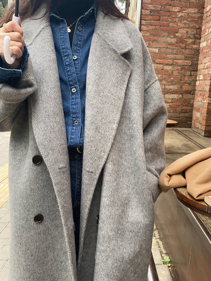 韩系欧尼羊毛呢大衣Button Wool Coat