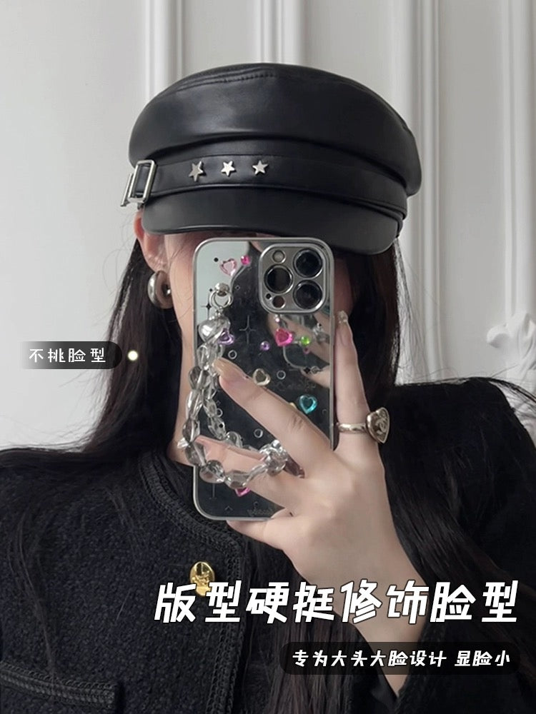 星星元素PU皮贝雷帽Star Element PU Leather Beret