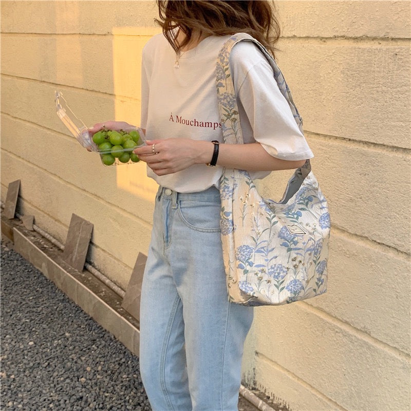 30%OFF_蓝色花朵托特包Floral Embroidery Textured Tote Bag