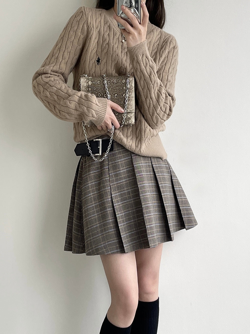 20%OFF_自带腰带格子百褶裙Plaid Pleated Skirt