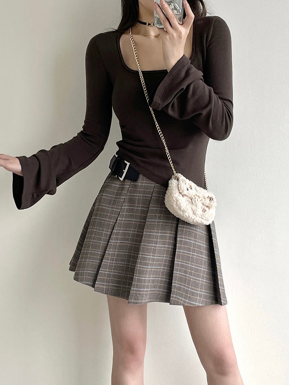 20%OFF_自带腰带格子百褶裙Plaid Pleated Skirt