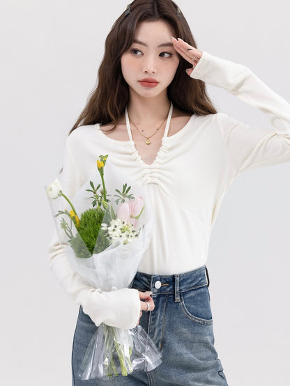 抽绳磨毛系带打底衫Long Sleeve V-Neck Top in Knotted Detail