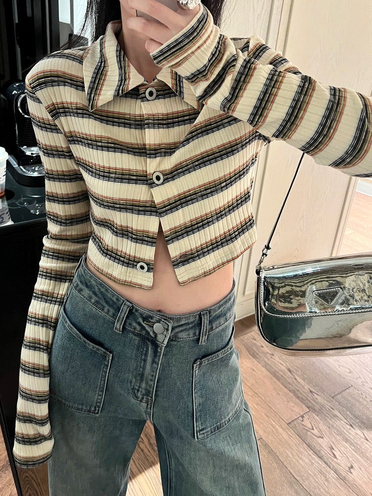 20%OFF_学院风条纹短款衬衫Stripe Knit Crop Cardigan