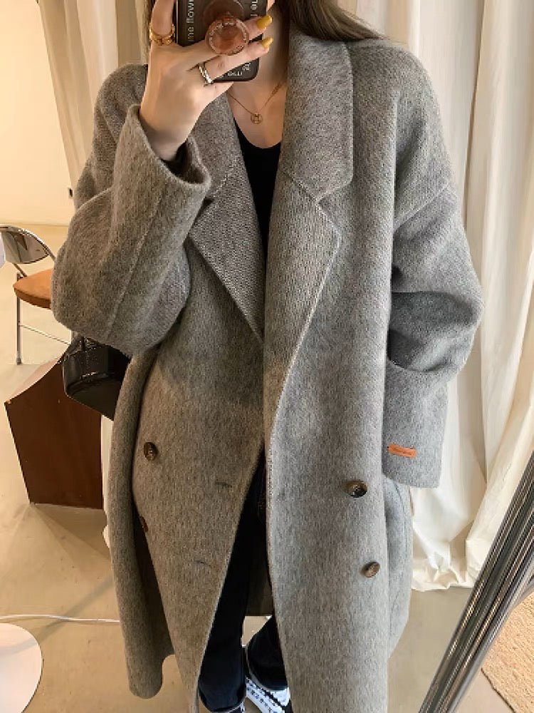 韩系欧尼羊毛呢大衣Button Wool Coat