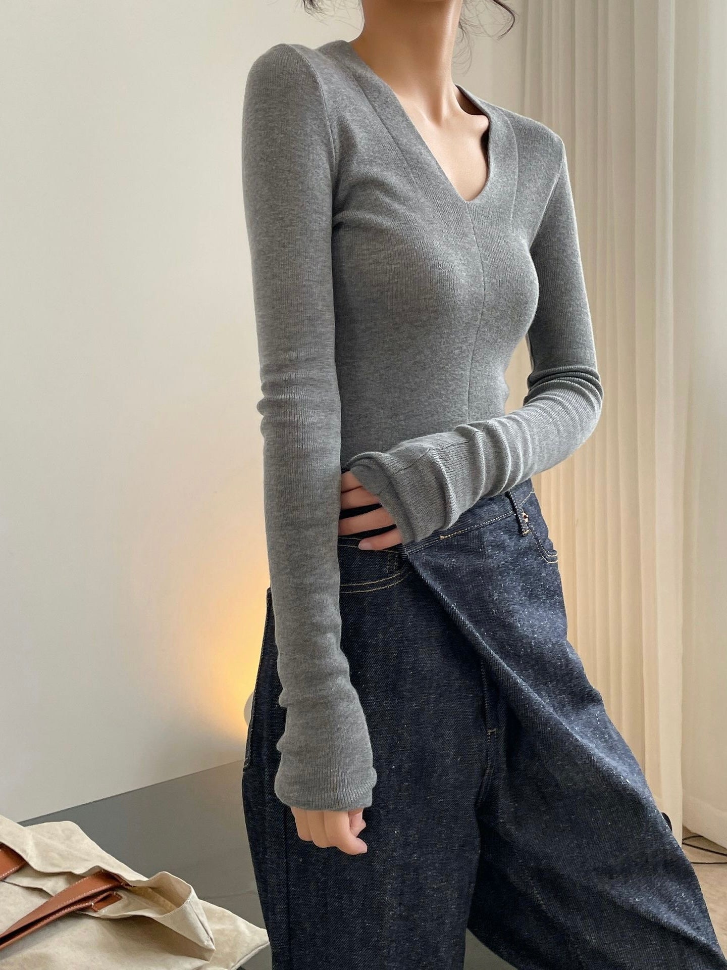 20%OFF_修身V领羊毛打底衫Long Sleeve V Neck Top