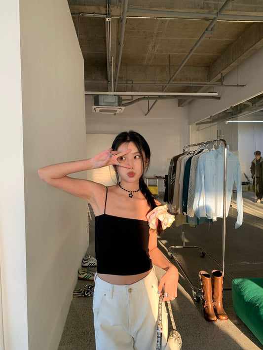 20%OFF_细肩带一字领口吊带Suspender Knit Crop Top