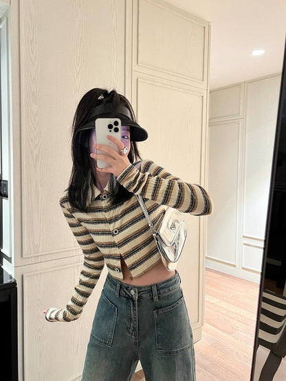 20%OFF_学院风条纹短款衬衫Stripe Knit Crop Cardigan