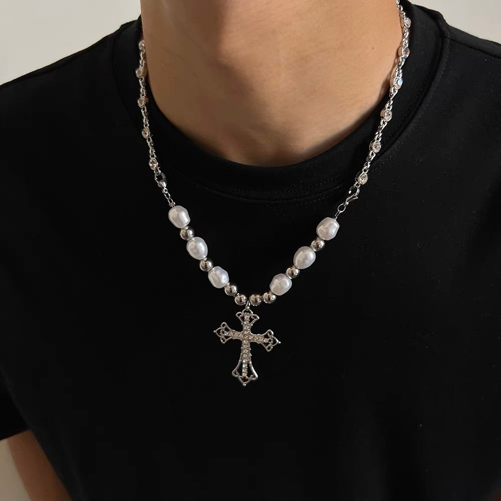 Bead Chain Necklace with Diamond Crossing Pendant