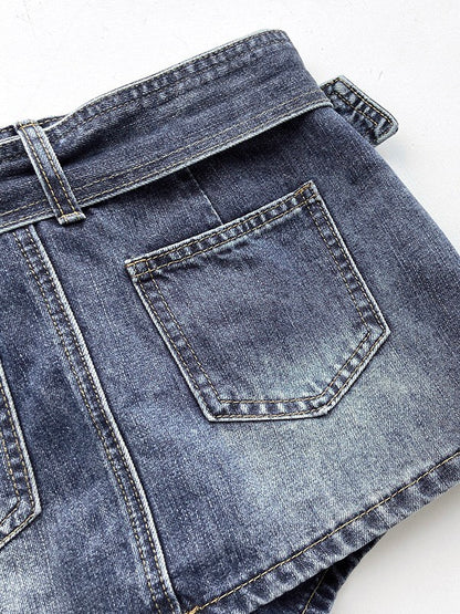 30%OFF_做旧腰带牛仔半裙Belted High Waist Denim Mini Skirt