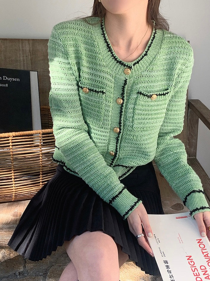 10%OFF_小香撞色开衫Tweed Cardigan With Black Stripe