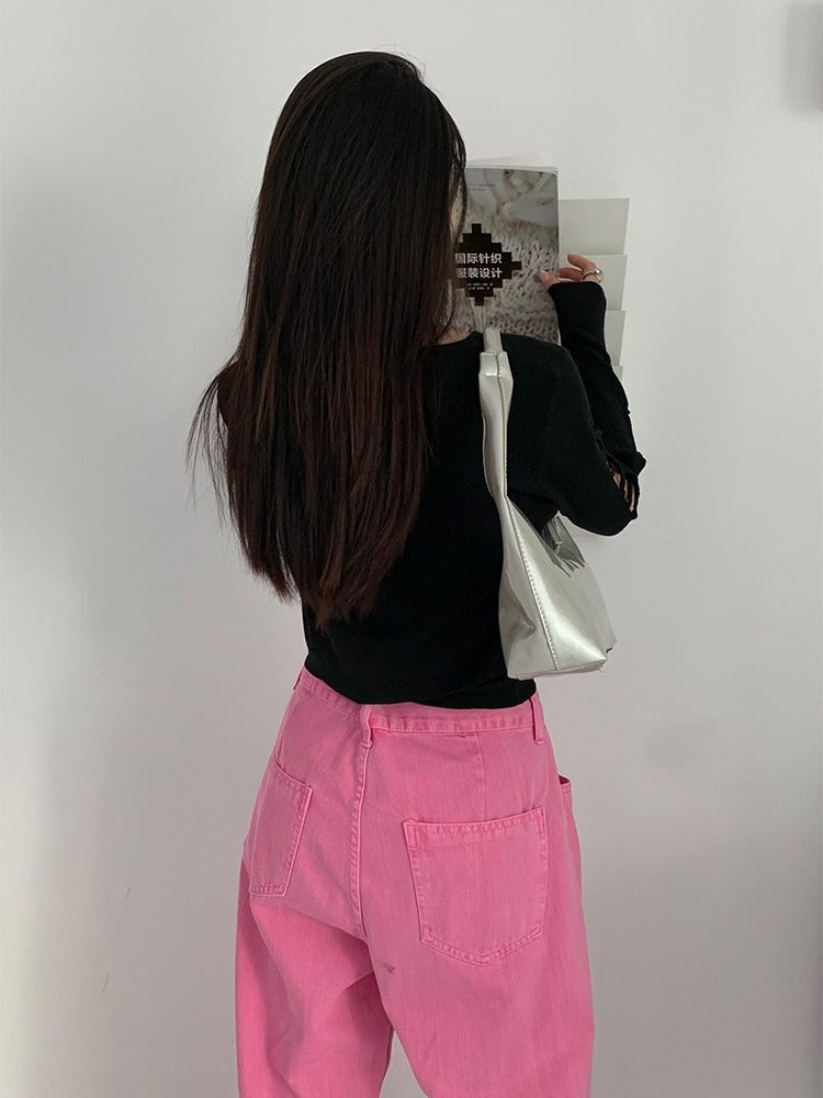 50%OFF_粉色阔腿牛仔裤Fuscia Pink Jean