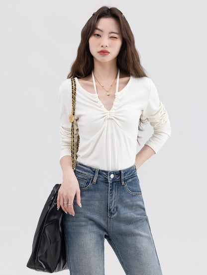 抽绳磨毛系带打底衫Long Sleeve V-Neck Top in Knotted Detail