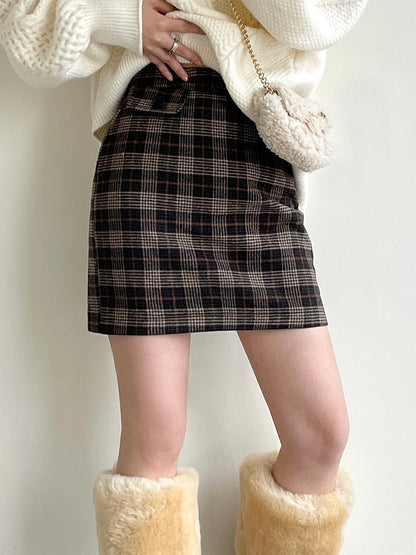 50羊毛格子包臀裙High Waist Plaid Skirt