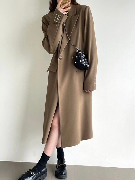 20%OFF_韩版刺绣风衣外套Coffee Longline Blazer Coat