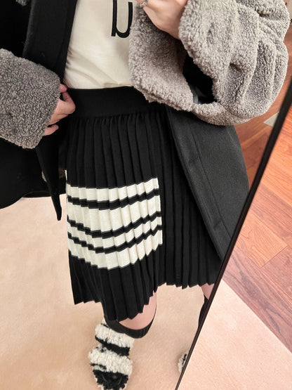 50%OFF_学院风针织百褶裙Black Pleated Skirt with Stripes