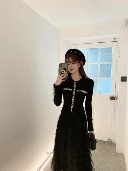 蔷薇午后重工蕾丝套装Pearl Black Cardigan and Tulle Midi Skirt