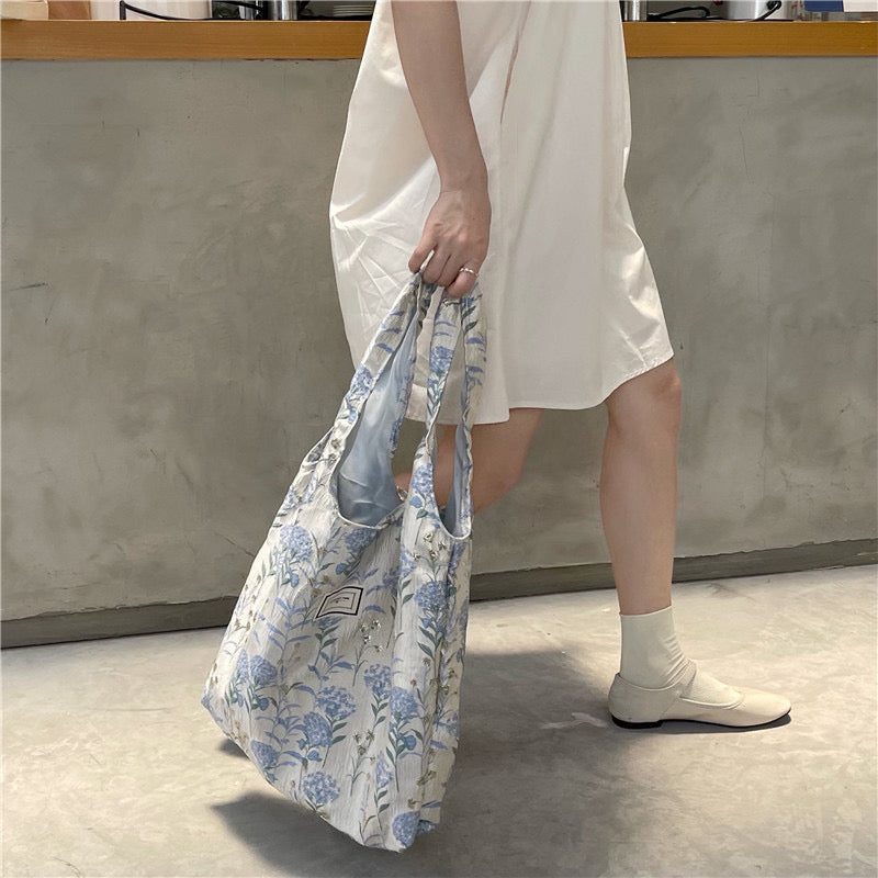 30%OFF_蓝色花朵托特包Floral Embroidery Textured Tote Bag