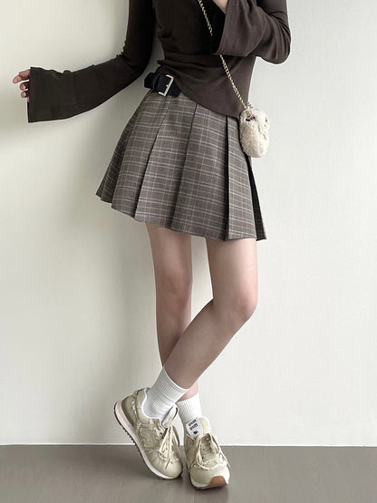 20%OFF_自带腰带格子百褶裙Plaid Pleated Skirt