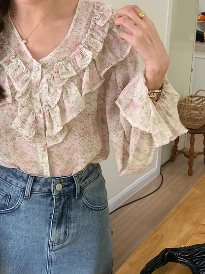 30%OFF_花朵刺绣荷叶边上衣 Floral Embroidery Ruffled Blouse