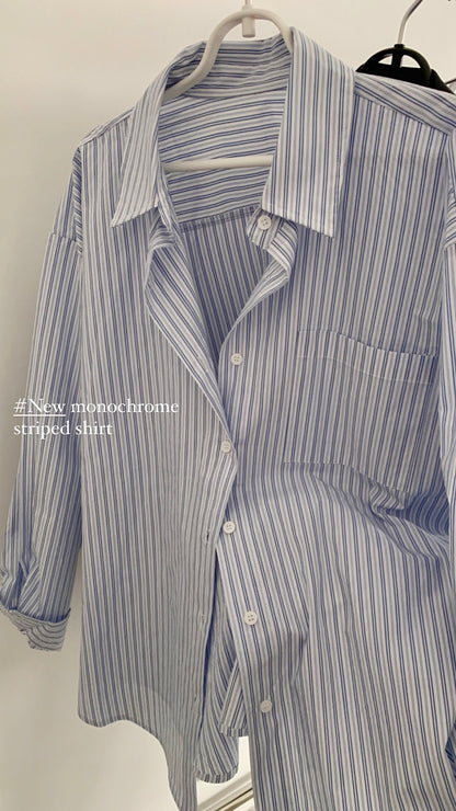 夏日蓝色竖条纹百搭衬衫Blue Stripe Boyfriend Shirt