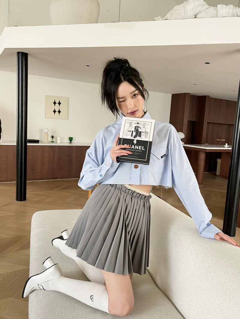 【逃跑甜心】灰色花边半裙High-Waist Pleated Mini Skirt