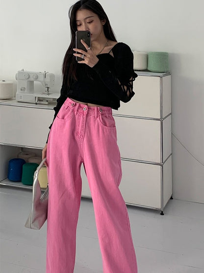 50%OFF_粉色阔腿牛仔裤Fuscia Pink Jean