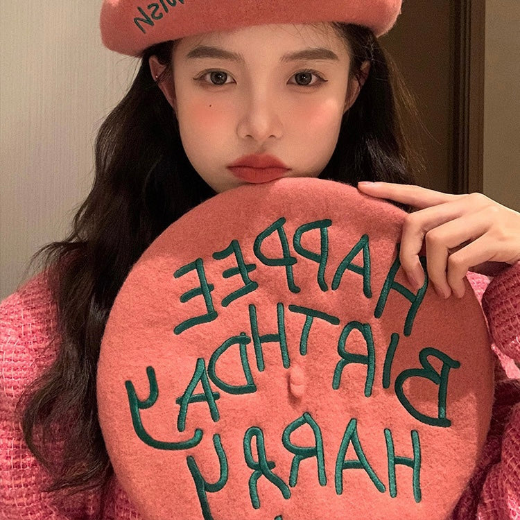 50%OFF_粉色刺绣生日贝雷帽Pink Embroidery Beret