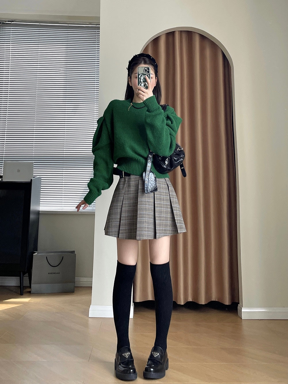 20%OFF_自带腰带格子百褶裙Plaid Pleated Skirt