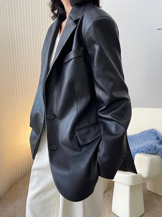 黑色廓形皮衣Black Leather Blazer