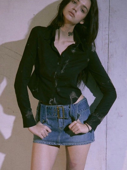 30%OFF_做旧腰带牛仔半裙Belted High Waist Denim Mini Skirt