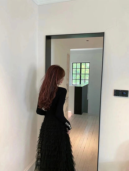 蔷薇午后重工蕾丝套装Pearl Black Cardigan and Tulle Midi Skirt