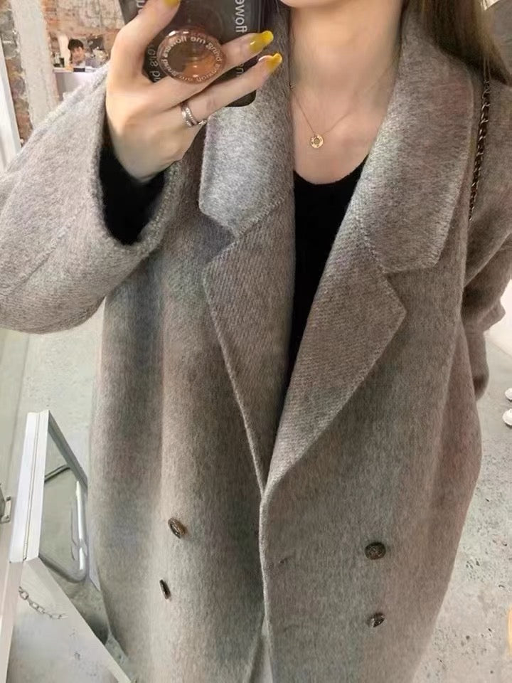 韩系欧尼羊毛呢大衣Button Wool Coat