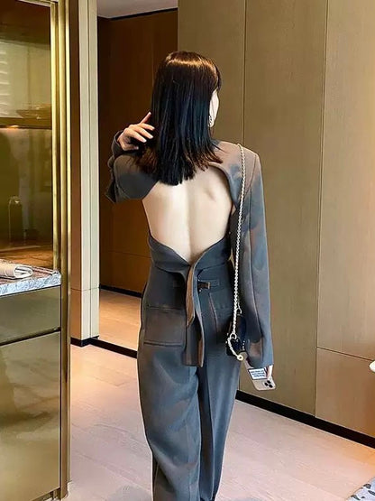 40%OFF_御姐露背绑带套装Grey Backless Suit