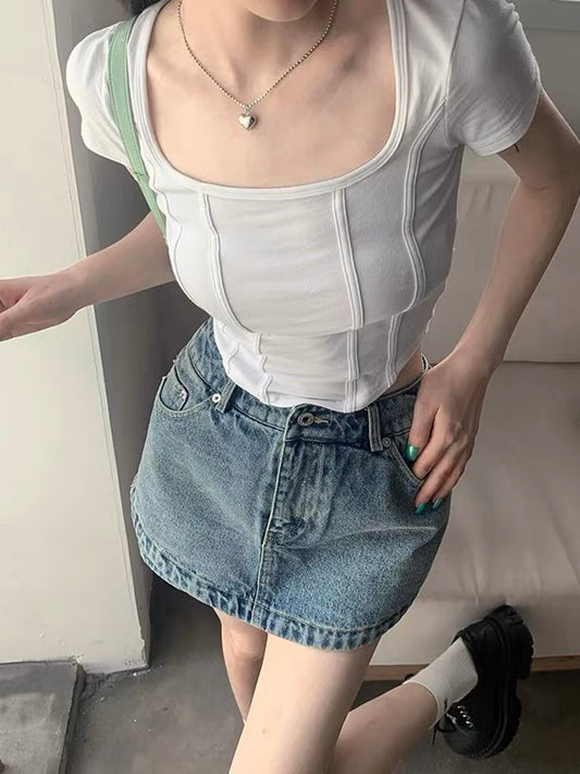 20%OFF_鱼骨U型下摆修身短袖Stripe Top