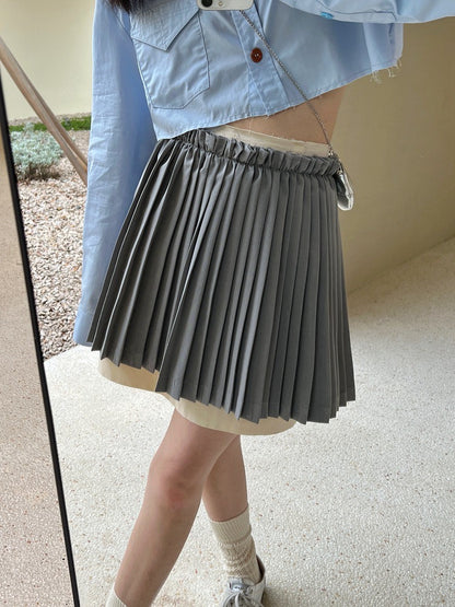 【逃跑甜心】灰色花边半裙High-Waist Pleated Mini Skirt