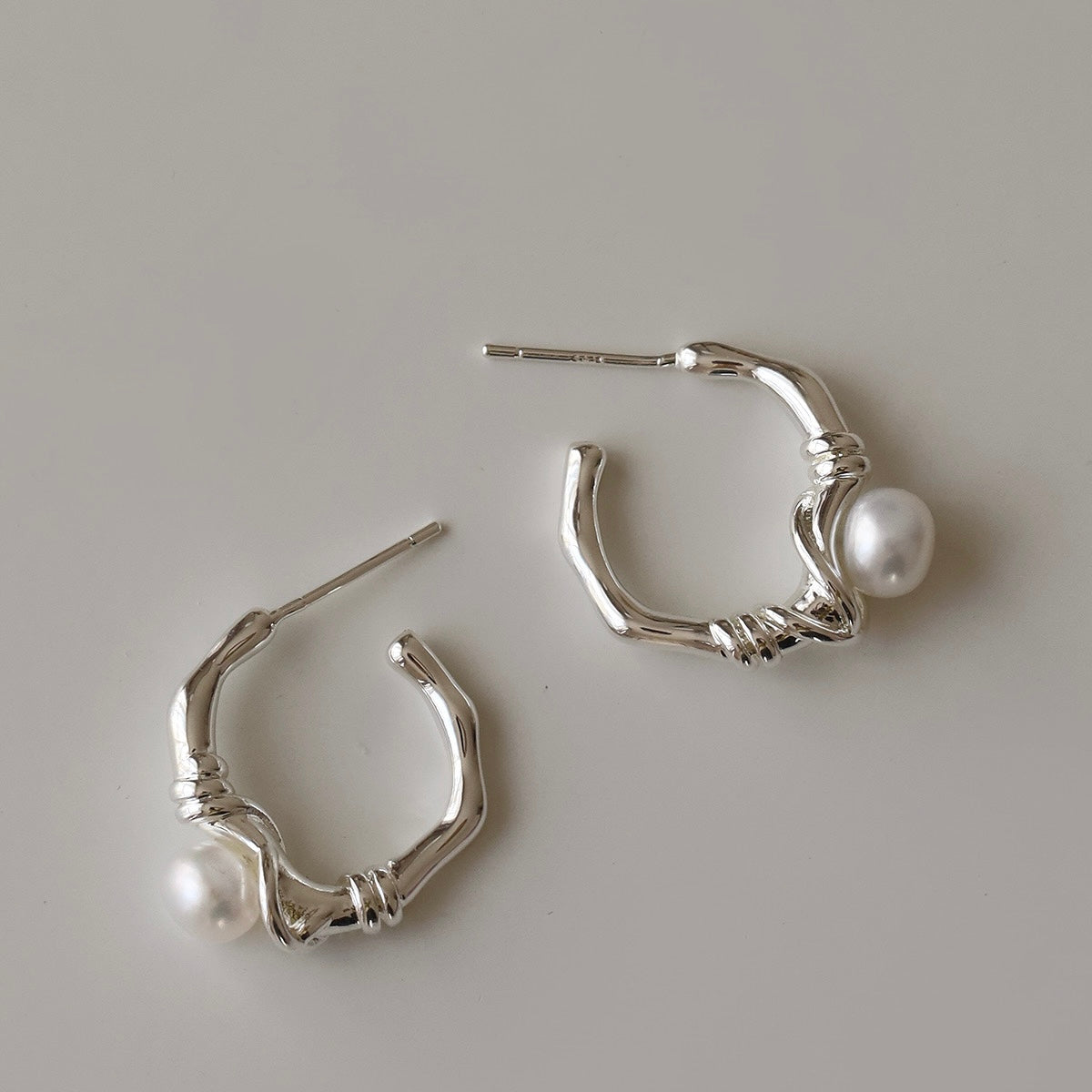 Silver C Hoop Earrings with Pearl