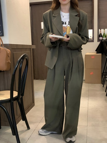 黑色灰绿色西服套装Belted Wide Blazer Suit