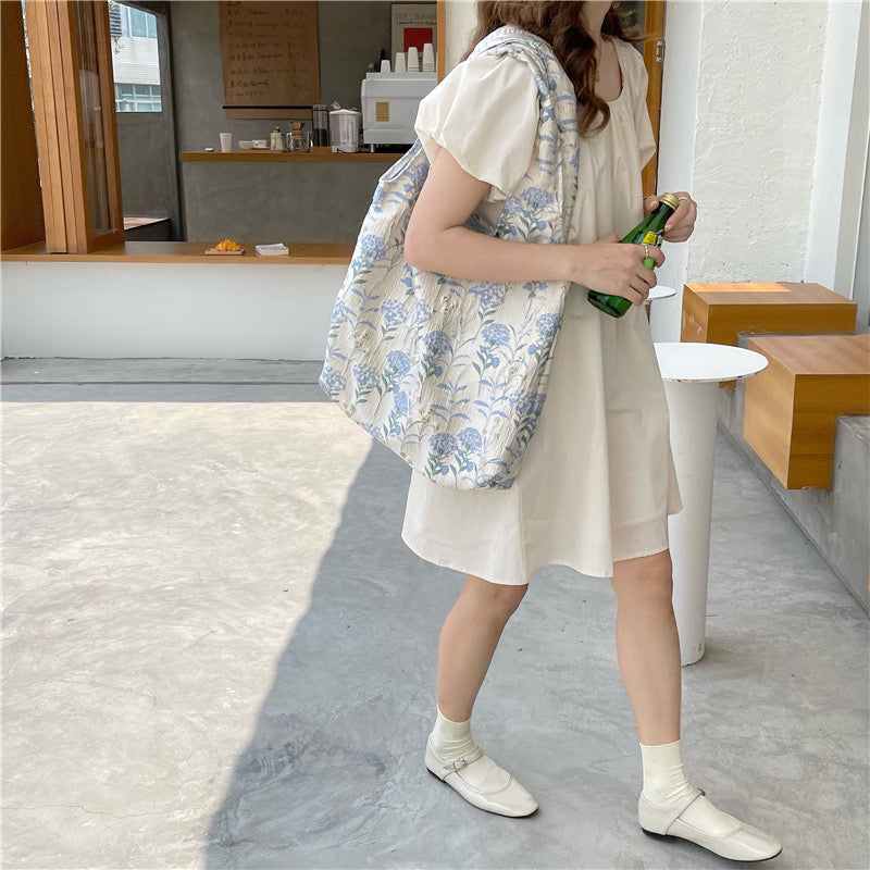 30%OFF_蓝色花朵托特包Floral Embroidery Textured Tote Bag